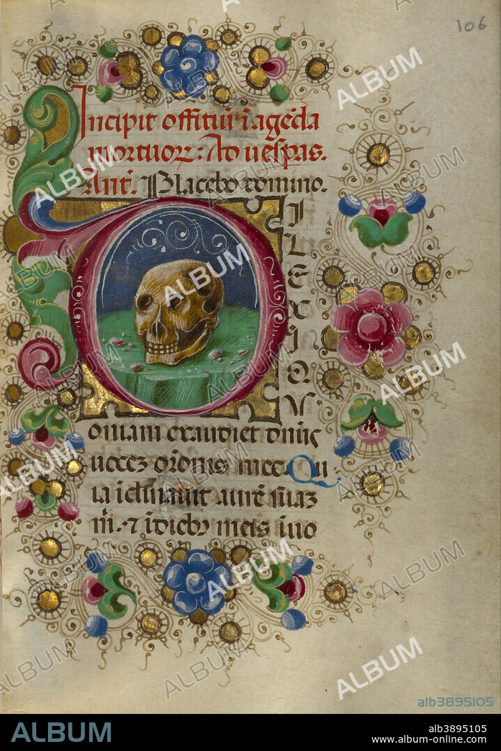 TADDEO CRIVELLI. Initial D: A Skull in a Rocky Field. Date/Period: Ca. 1469. Folio. Tempera colors, gold paint, gold leaf, and ink on parchment. Height: 108 mm (4.25 in); Width: 79 mm (3.11 in).