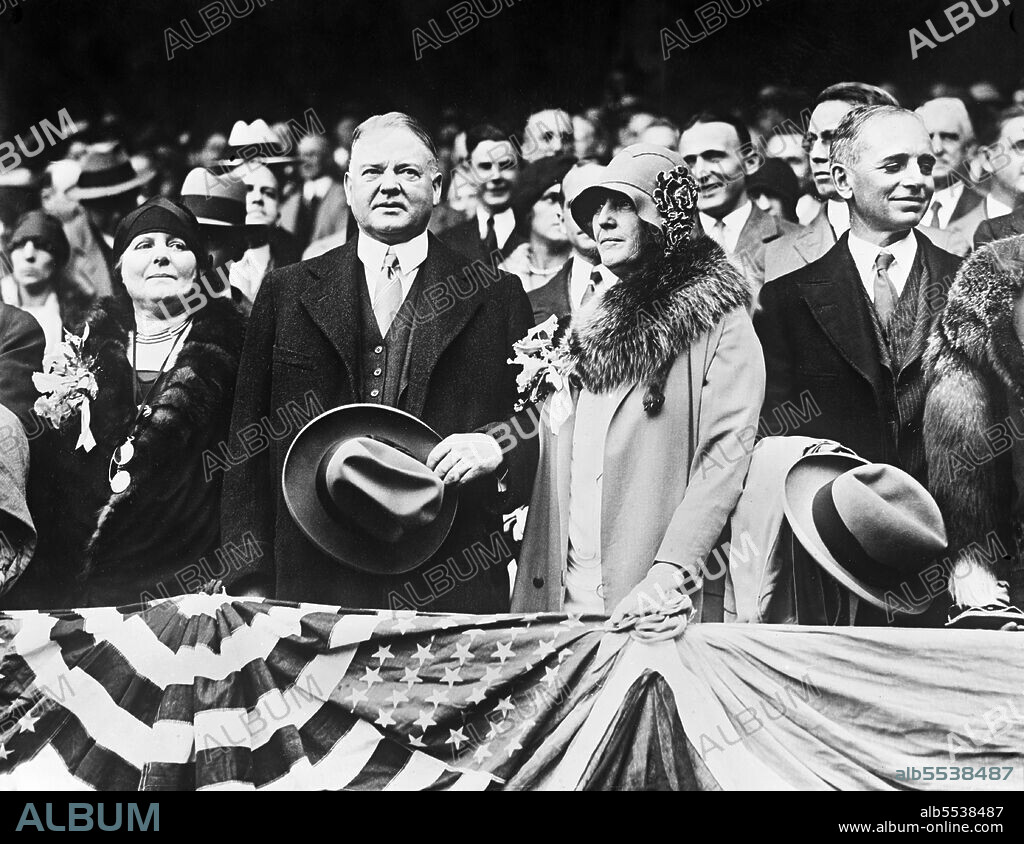 U.S. President Herbert Hoover and U.S. First Lady Lou Hoover attending World Series Baseball Game 3, Shibe Park, Philadelphia, Pennsylvania, USA, National Photo Company, October 11, 1929.