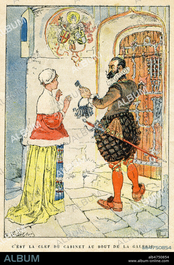 barbe Bleue confie a sa femme les clefs de la maison, et lui montre la petite clef en or qu'elle ne doit pas utiliser. Conte de Barbe-Bleue, de Charles Perrault. Petit livret, imagerie populaire, offert par les Grands Magasins du Printemps.Illustration Hermann VOGEL, Editions Gillot, vers 1890. fin 19eme siecle. Collection IM/KHARBINE-TAPABOR.