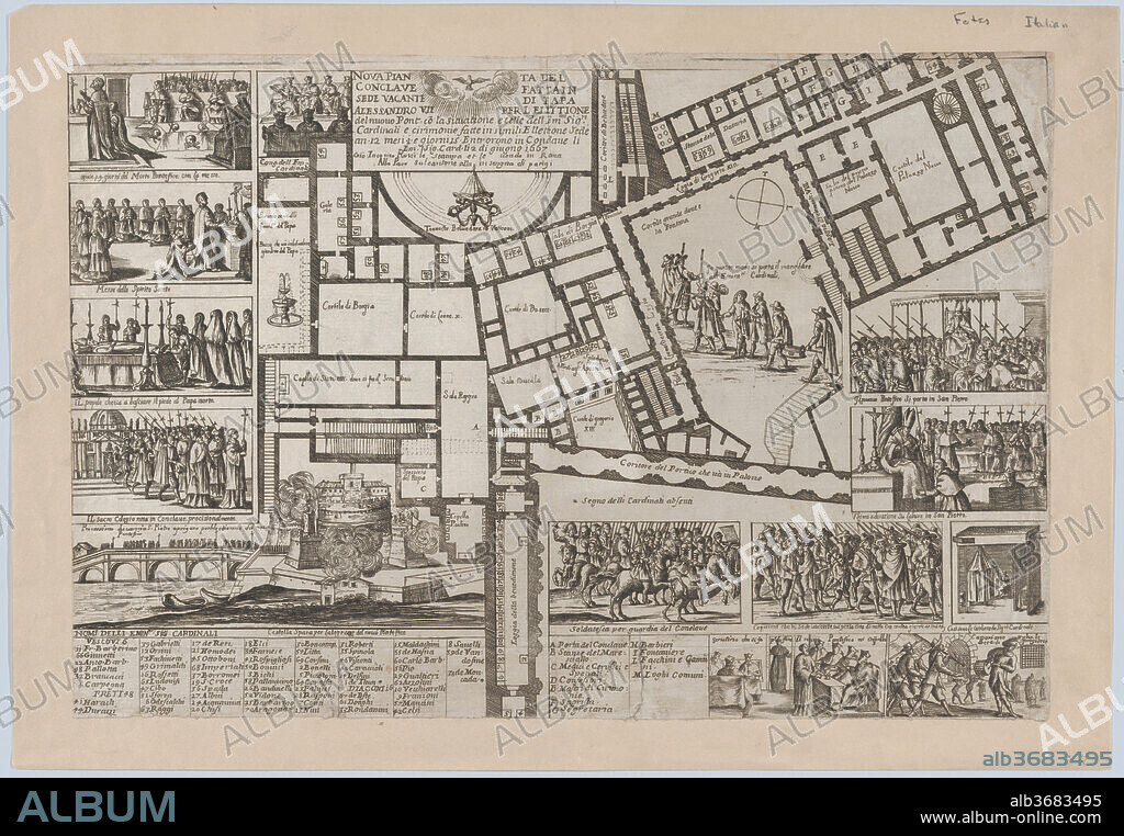 Papal conclave following the death of Pope Alessandro VII, with an iconographic map of Vatican City and scenes of the funeral, procession, and election of the new pope. Dimensions: Sheet (Trimmed): 9 3/8 × 13 13/16 in. (23.8 × 35.1 cm). Publisher: Giovanni Giacomo De Rossi (Italian, Rome 1627-1691 Rome). Date: 1667.
Conclave prints, circulated at the death of a pope, began to appear in Rome in the 16th century. The purpose of a conclave print was to reveal the secret and mysterious ritual surrounding the election of a new pope. With carefully compartmented scenes showing the funerary rites, a map of Vatican City, and the election including a list of names of the voting cardinals; conclave prints became popular among tourists to Rome. 
The timeframe in which these prints were rushed to the market paired with the unchanging rituals meant that many of the images could be repeated from one conclave to the next. For a similar print illustrating the conclave following the death of Pope Clement IX, see:  British Museum 1987,0113.204.
(Information from: Evelyn Lincoln, "Publishing, Secrecy and Curiosity in a German Conclave Print," Art in Print 2, Number 4 (November-December, 2012).