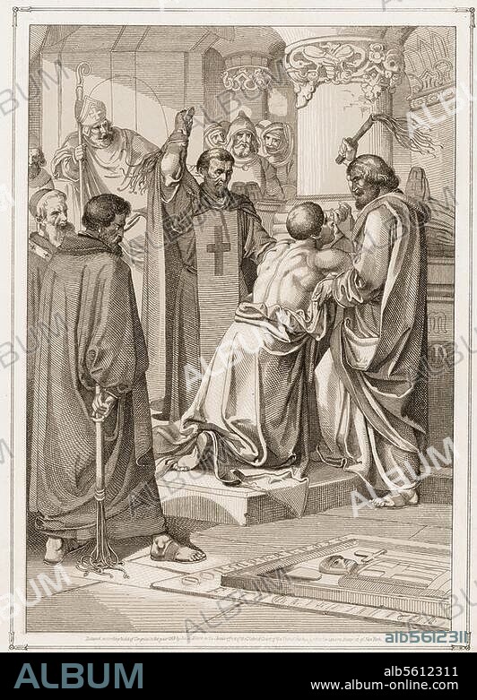 Henry II, King of England (1154-89). 1133-1189. / "Henry II at the tomb of Archbishop of Canterbury Thomas Becket". (1174; The King does penance due to his partial guilt in the murder of Saint Thomas Becket of Canterbury). Lithography, 1863, by Johann Nepomuk Geiger (1805-1880). Berlin, Sammlung Archiv für Kunst und Geschichte.