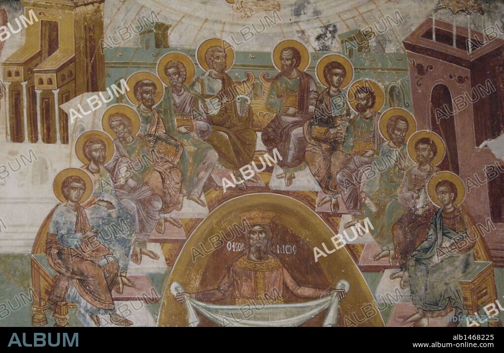 ARTE BIZANTINO. GRECIA. FRESCOS del MONASTERIO DE SAN ANDRES en Mesovouni Volimes. Realizados por un pintor anónimo en el siglo XVII. Fueron restaurados después de los terremotos de 1953 y trasladados al museo. JESUS CON LOS APOSTOLES: EL LAVATORIO DE PIES. Museo Bizantino. Zante. Islas Jónicas.