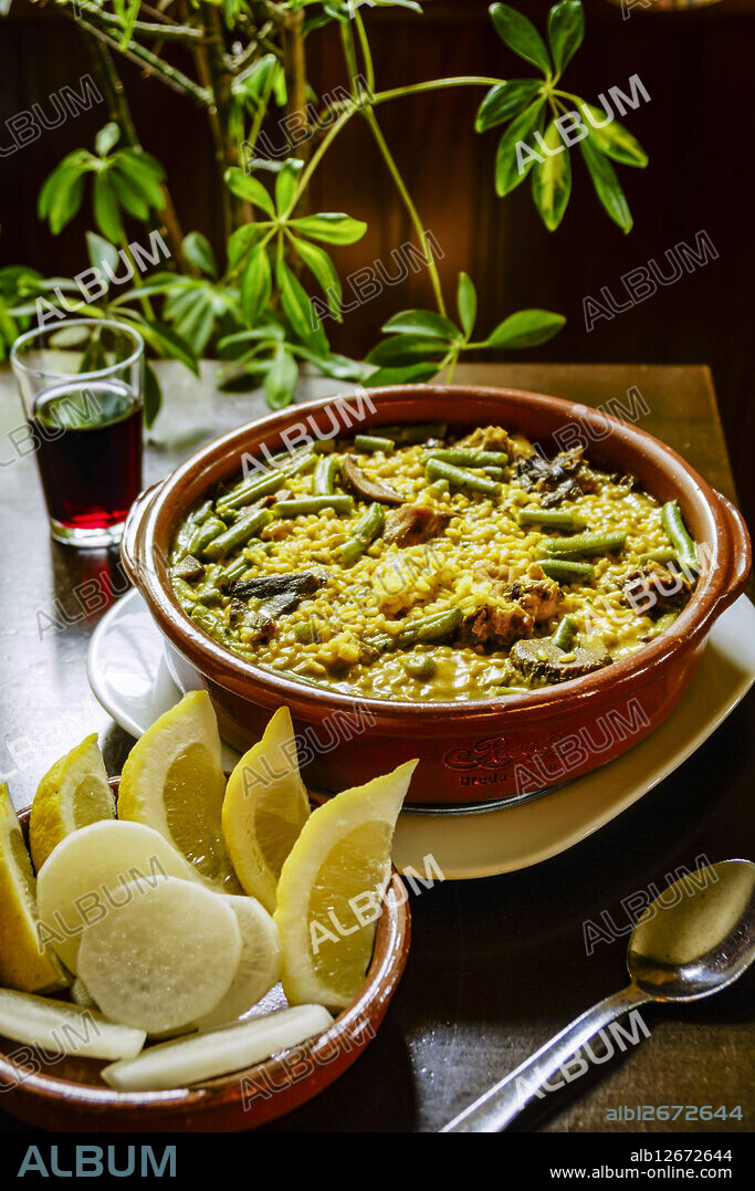 dish of traditional Mallorcan dirty rice, "arroç brut", Mallorca, Balearic Islands, Spain.