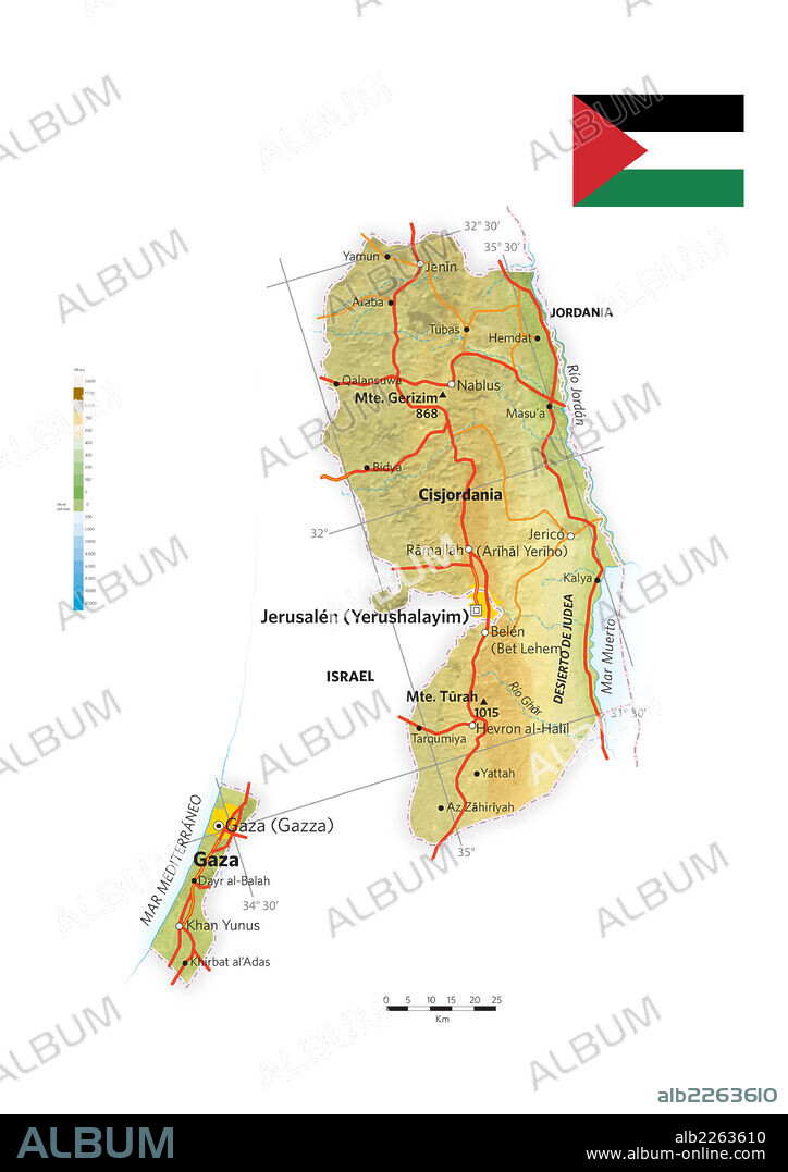 PALESTINA. Mapa físico y político de Palestina.