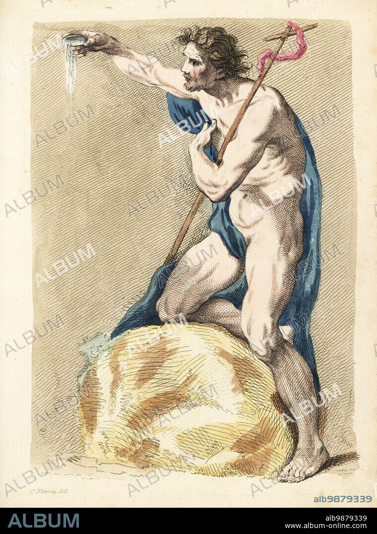 Saint John the Baptist in the wilderness, holding a cross, pouring a saucer of water. Handcoloured copperplate engraving after Charles-Joseph Natoire from Robert Sayers The Artists Vade Mecum, Being the Whole Art of Drawing, London, 1766.
