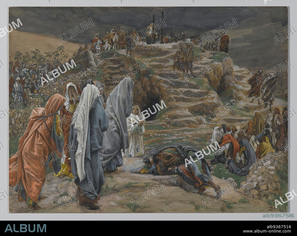 The Holy Women Watch from Afar, Les saintes femmes observent de loin, The Life of Our Lord Jesus Christ, La Vie de Notre-Seigneur Jésus-Christ, James Tissot, French, 1836-1902, Opaque watercolor over graphite on gray wove paper, France, 1886-1894, Image: 6 7/8 x 9 1/4 in., 17.5 x 23.5 cm, Bible, Biblical, Catholicism, Christ, Christianity, cross, crucifiction, French, God, Jesus, John the Evangelist, Luke 23:49, Mary Magdalene, New testament, Religion, religious, Tissot, watercolor.