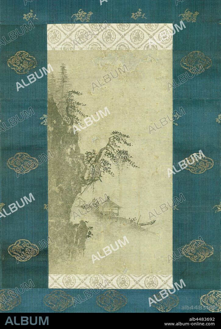 Scroll painting, Landscape: a rock with pine trees, a pavilion and a boat. In wooden box., Masturbation, onanism (variant), Death as skeleton, other scenes, the book of Jeremiah (with BOOK CHAPTER: FRESH), anonymous, Japan, 1575 - 1600, Momoyama-period (1573-1615), paper, ink, dye, h 33 cm h 10 cm × w 42 cm × d 10.5 cm.