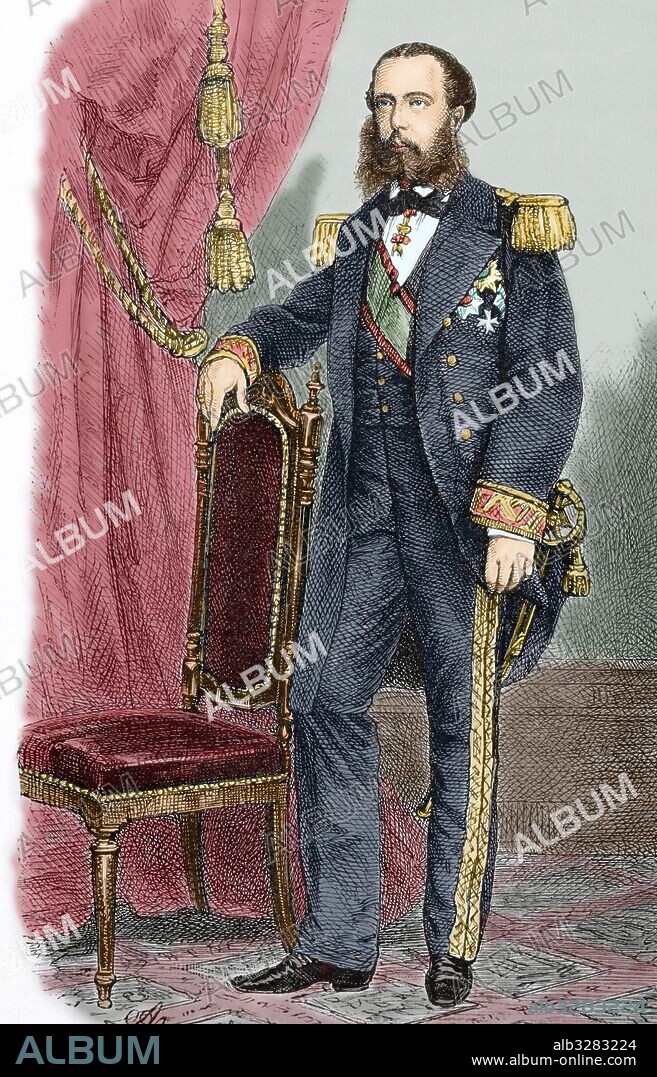 Maximilian I (1832-1867). Emperor of Mexico. Second Mexican Empire. House Habsburg-Lorraine by birth and Iturbide by adoption. Portrait. Engraving in "Historia Universal", 1885. Colored.