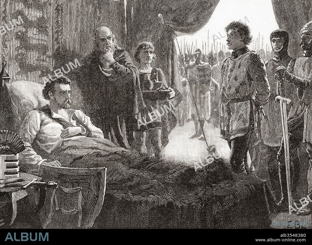 Bertrand de Gourdon aka Pierre (or Peter) Basile, John Sabroz and Dudo, brought before Richard I to receive his punishment after shooting him with an arrow, Richard later died from the wound. Richard I, aka Richard the Lionheart and Richard Coeur de Lion, 1157 – 1199. King of England. From Cassell's History of England, published c.1901.