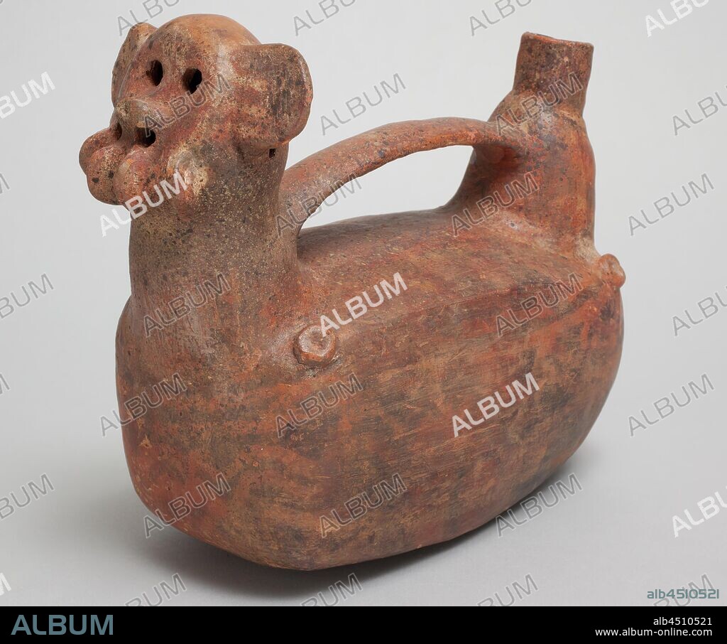 Precolumbian, Monkey Head Effigy Vessel, between 1200 BCE and 1535 CE, polychromed terracotta, Overall: 6 7/8 × 4 1/4 × 8 5/8 inches (17.5 × 10.8 × 21.9 cm).