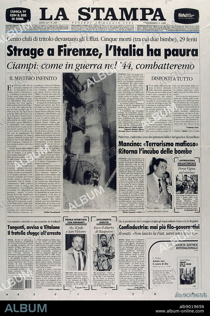 Front page of the Italian newspaper 'La Stampa'. The headline of car bomb outside of the Uffizi Gallery, five dead 29 injured.