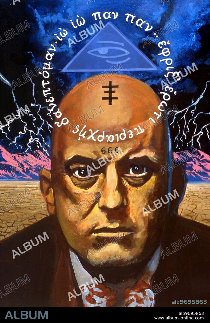 Portrait of the magician and self-styled occultist, Aleister Crowley (1875-1947), with opening of Greek poem to Pan, and various Crowley style symbols. Painting by Gordon Wain, 1992.