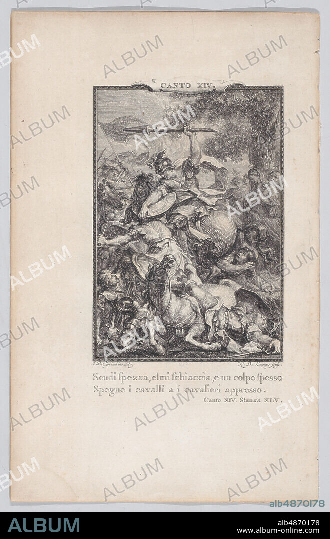 NICOLAS DE LAUNAY. Canto 14, Stanza 45, from Orlando Furioso, 1774. [Scudi spezza, elmi schiaccia, e un colpo spesso / Spegne i cavalli a i cavalieri appresso].