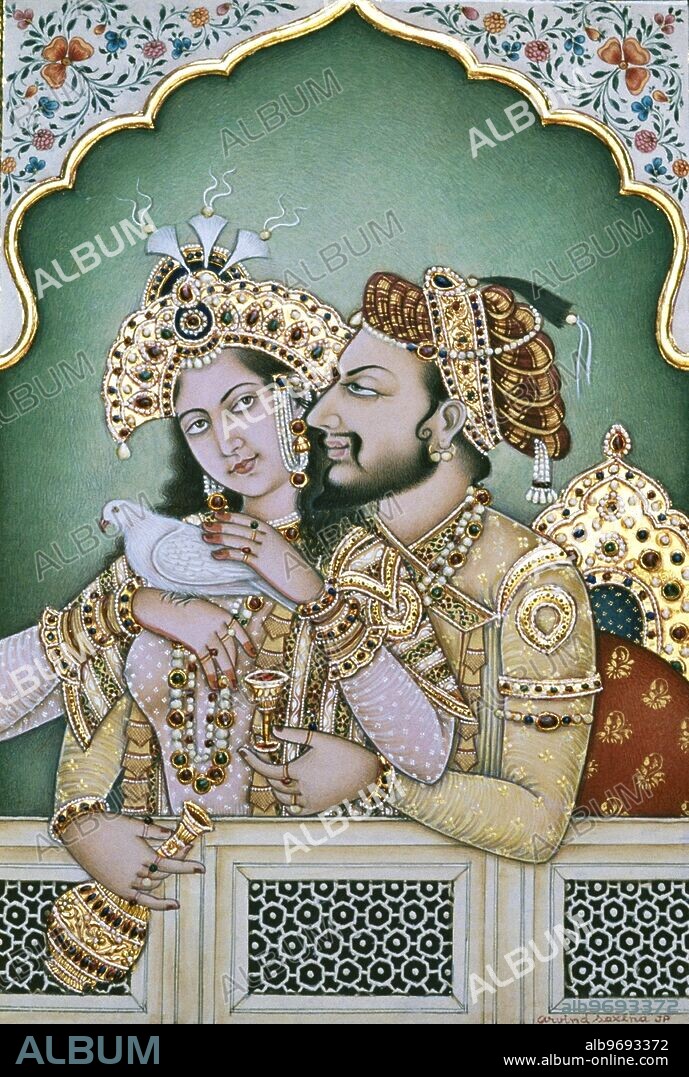 Mughal emperor Shah Jahan and Mumtaz miniature painting on paper , Rajasthan , India.