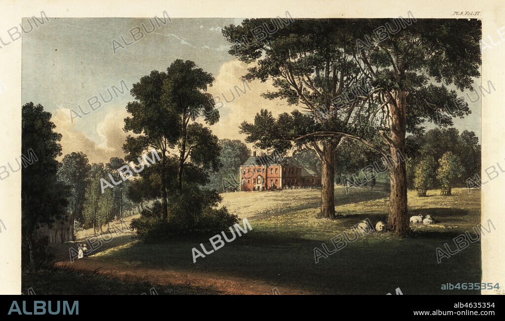 Pynes House, Exeter, Devon, the seat of Sir Stafford Henry Northcote 1792-1850. Queen Anne style red brick house with slate roof and four brick chimney stacks built by architect Inigo Jones. Handcoloured copperplate engraving after an illustration by John Gendall from Rudolph Ackermanns Repository of Arts, London, 1825.