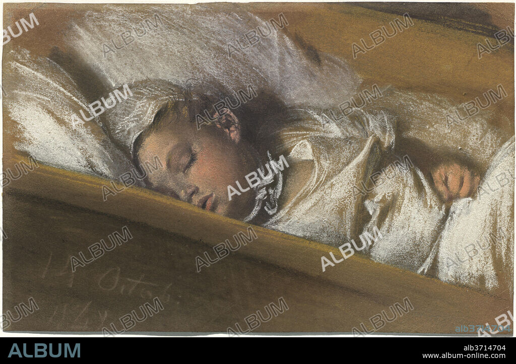 ADOLPH MENZEL. An Infant Asleep in His Crib. Dated: 1848. Dimensions: sheet: 13.9 x 21.8 cm (5 1/2 x 8 9/16 in.). Medium: pastel and gouache on brown wove paper.