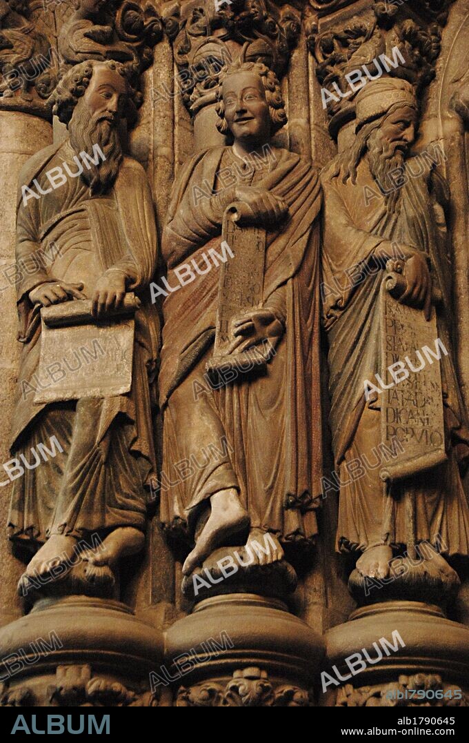 Santiago de Compostela, province of La Coruna, Galicia, Spain. The Cathedral. The Portal of Glory, by Master Mateo, 1168-1188. Left jamb. Prophets (from left to right): Jeremiah, Daniel (smiling) and Isaiah. Sculptoric detail.
