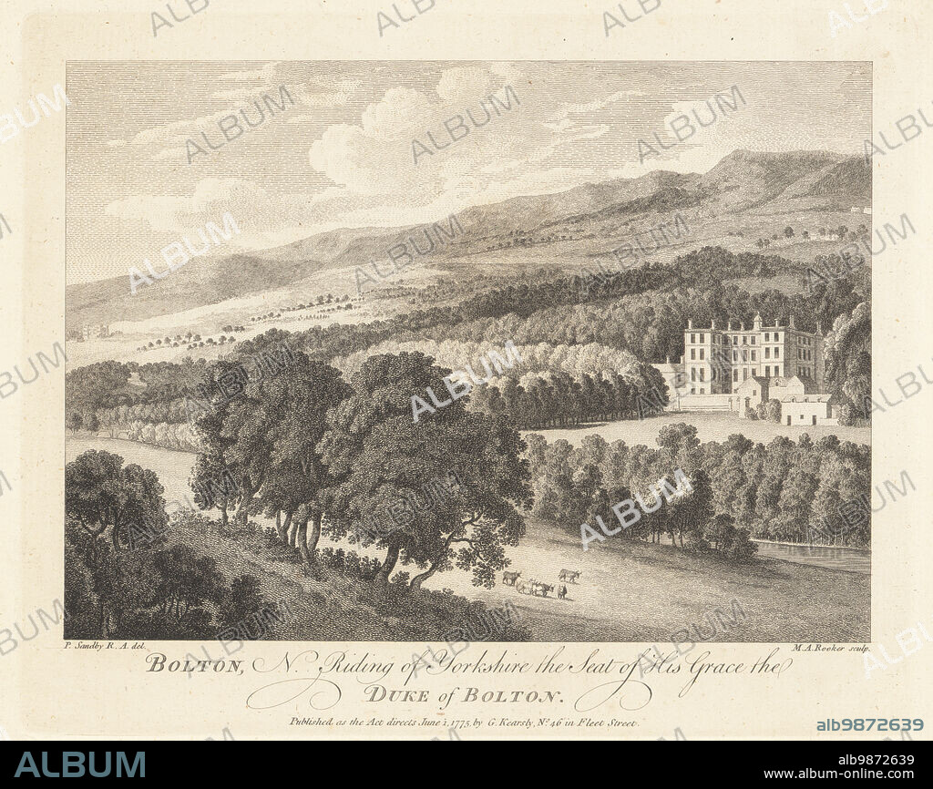 View of Bolton Hall, North Riding of Yorkshire, the seat of Admiral Harry Powlett, 6th Duke of Bolton, 1720-1794. Built in 1678 for the 1st Duke, Charles Paulet. Showing parklands, cattle grazing, woods, and lake. Copperplate engraving by Michael Angelo Rooker after an illustration by Paul Sandby from The Copper Plate Magazine or Monthly Treasure, G. Kearsley, London, June 1, 1775.