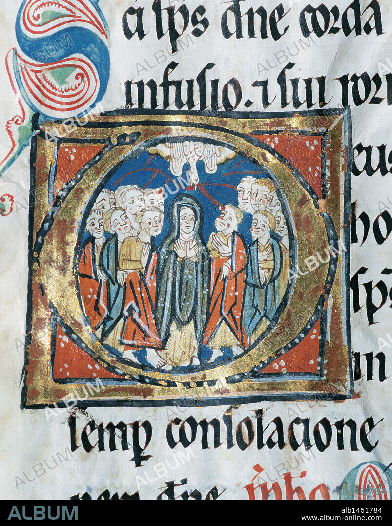 ARTE ROMANICO. ESPAÑA. Códice. "MISSAL VETUS OXEMENSE". Anónimo de los siglos XII inicios del XIII. Manuscrito en pergamino de 163 folios. Tamaño: 280 x 210 mm. Ejemplar del ritual romano, con abundantes iniciales miniadas. "LA AVENIDA DEL ESPIRITU SANTO". Miniatura del folio 31 v. El códice presenta las oraciones del misal propio del tiempo. Archivo Capitular de EL BURGO DE OSMA. Provincia de Soria. España.
