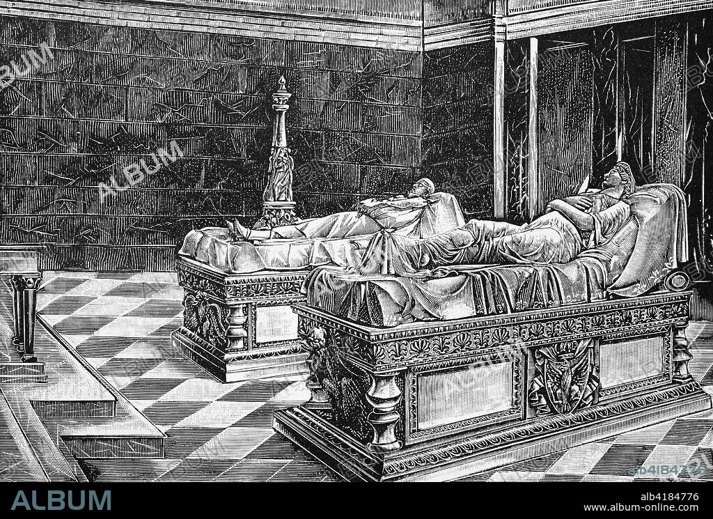 The Mausoleum in Charlottenburg, Berlin, Germany. The mausoleum in the park of Charlottenburg Palace in Berlin was erected in 1810 after the death of the Prussian queen Luise and later extended as the tomb of other important members of the Prussian royal house., Reproduction of an original woodcut from the year 1885, digital improved.