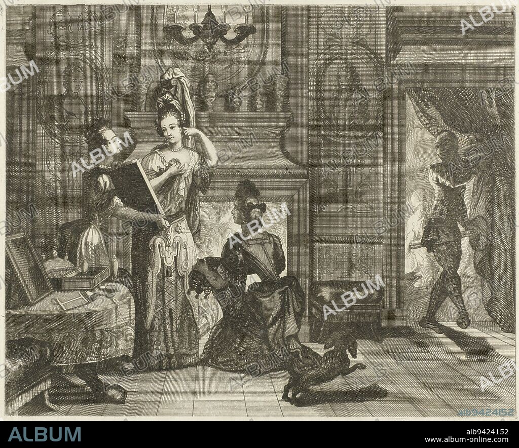 A lady making toilet for ball, anonymous, c. 1685 - c. 1700, A woman in a room in front of a fireplace. She is making toilet for the ball. A chamberlain holds out a mirror to her in which she looks at her high hairstyle. A second chamberlain is kneeling before her, holding up her gown. Through the door on the right, a man in harlequin costume (travesti?) enters. Opposite copy without caption to print issued by Jan vander Bruggen, with caption 'Femme de qualité s'habillant pour Coure le Bal '., print maker: anonymous, publisher: Jan van der Bruggen, (copy after), France, (possibly), c. 1685 - c. 1700, paper, engraving, h 353 mm × w 402 mm.