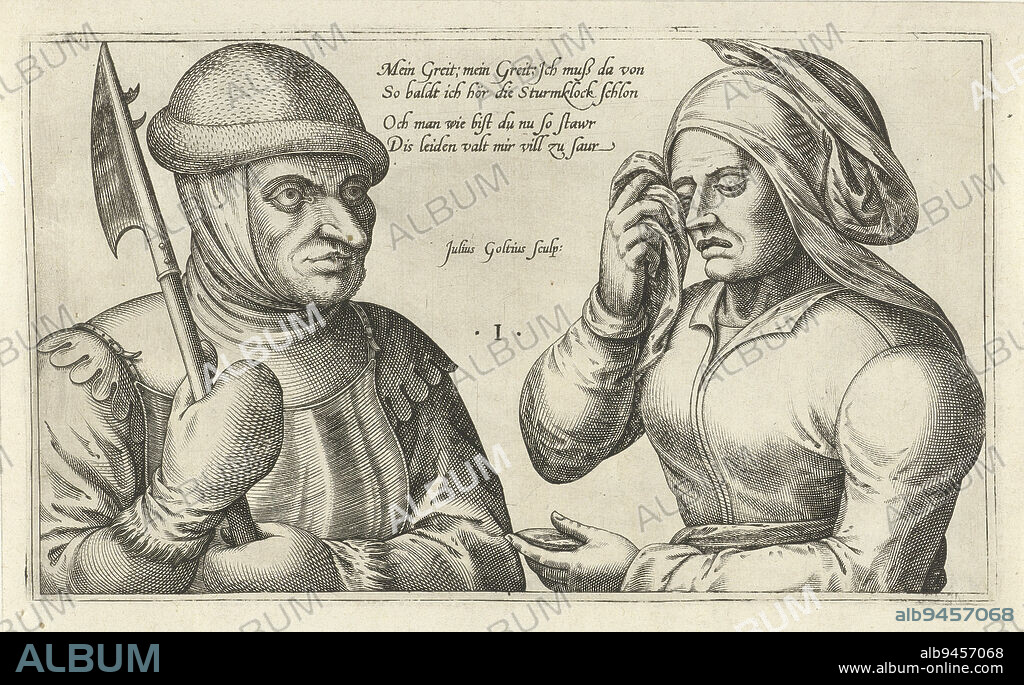 A soldier with a spear says goodbye to his wife. The wife is crying. The print has a German inscription on verse. The print is part of a series with puns on the relationship between man and woman as the subject., Farewell to a Soldier Puns on the relationship between man and woman (series title), print maker: Julius Goltzius, (mentioned on object), unknown, c. 1560 - 1595, paper, engraving, w 276 mm × h 162 mm.