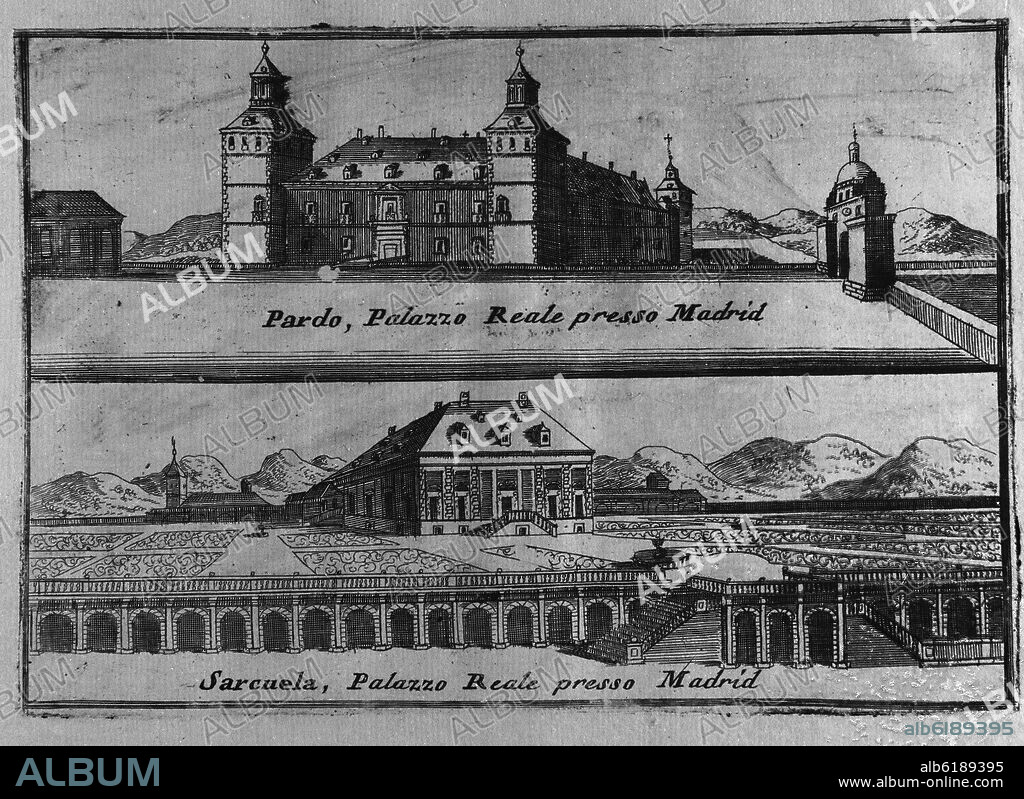 PALACIO DEL PARDO Y PALACIO DE LA ZARZUELA - GRABADO SIGLO XVIII.