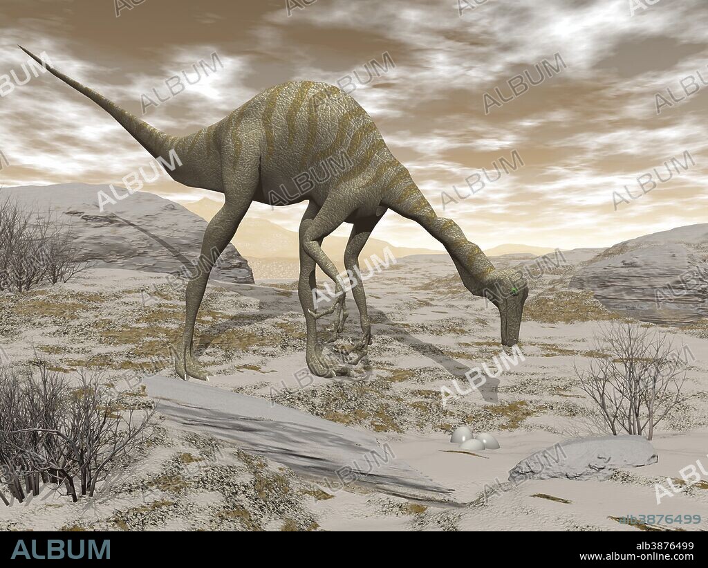 Gallimimus dinosaur discovering eggs in the desert.
