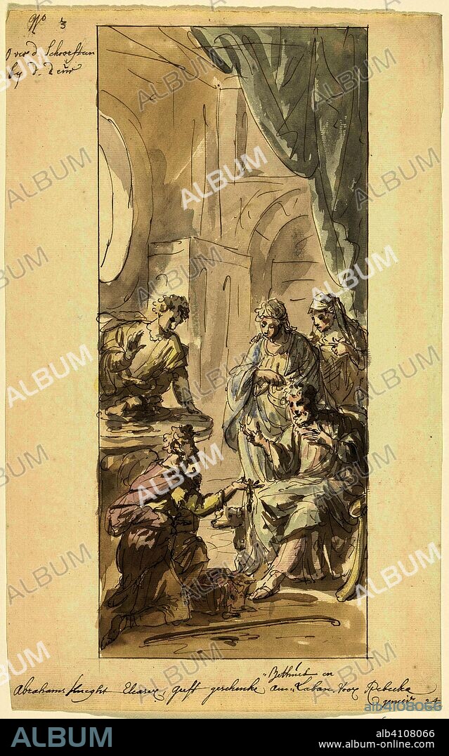 Eliezer gives gifts to Rebekah, her mother and her brother Laban. Draughtsman: Elias van Nijmegen. Dating: 1677 - 1755. Measurements: h 380 mm × w 236 mm.