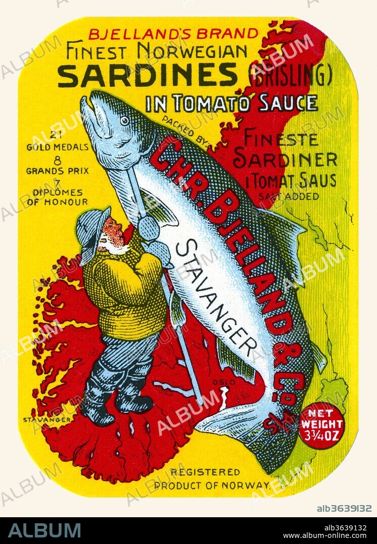 Vintage label for Norwegian sardines.