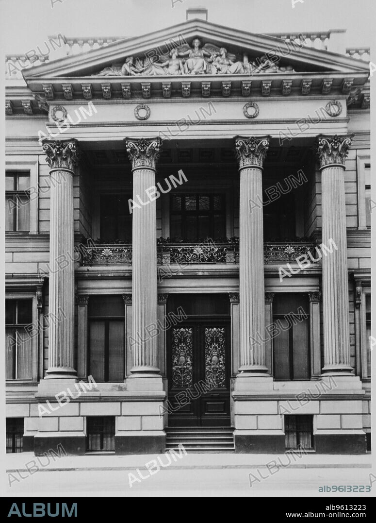 British Embassy, 70 Wilhelmstrasse, Berlin, 1939. View of the porticoed main entrance, photographed before the outbreak of World War II. The Palais Strousberg, designed by Augustus Orth, dated from 1867-1868. The British government purchased it for use as their embassy in 1884. The building was demolished in 1950.