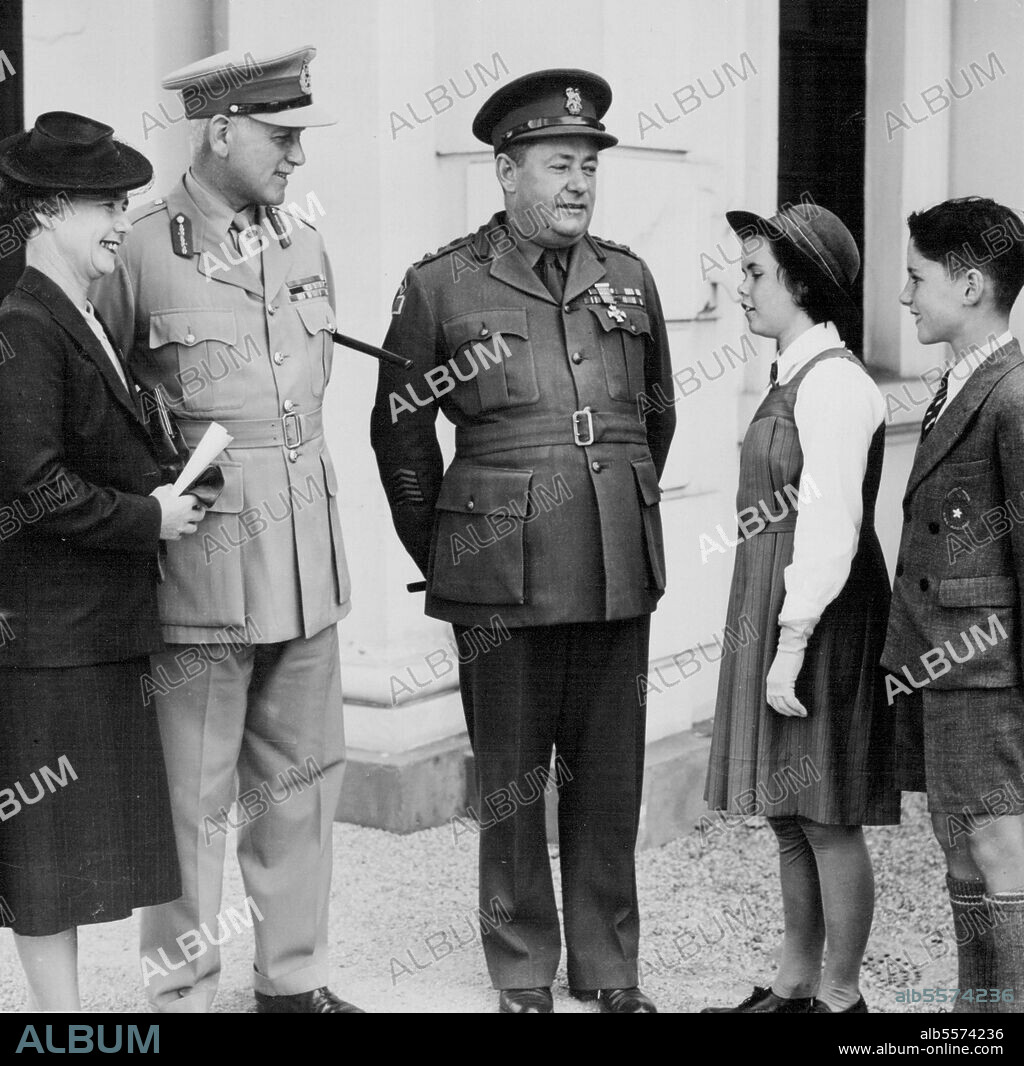 Brigadier Moten who will lead the Army contingent in the London Victory Parade on June 8 wearing the D.S.O. and Bar which he received from the Governor (Sir Willoughby Norrie) at Government House today. Photographed after the ceremony are from left: Mrs. Marton, the Governor Brigadier Moten, Kathleen Margaret, and John. Brig. Moten will leave for Melbourne tonight. April 03, 1946.