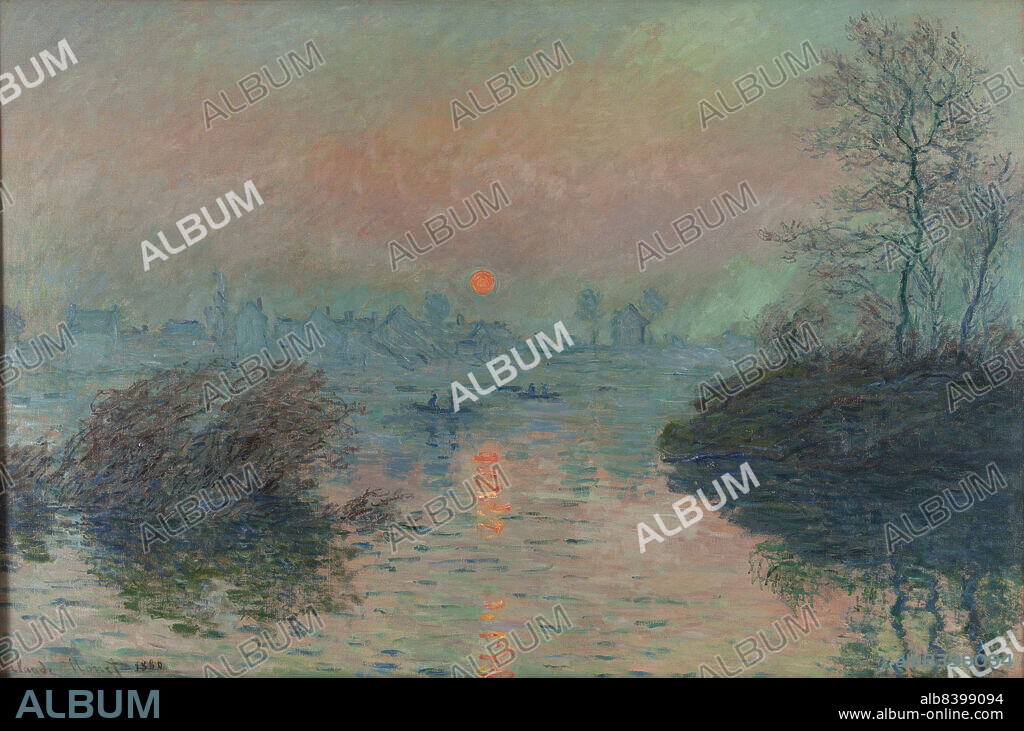 CLAUDE MONET. Soleil couchant sur la Seine à Lavacourt, effet d'hiver, 1880. Sunset over the Seine at Lavacourt, winter. The village of Lavacourt, an orange sun is reflected on the water and contrasts with the wintry blue landscape.
