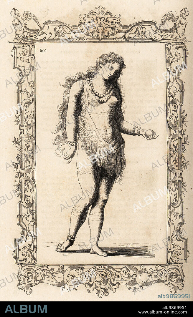 Costume of a Timucua queen of Florida, wife of Chief Satouriona. She wears necklace, bracelets and anklet, a fringed leaf dress and tattoos on her torso, arms and legs. Costume de la reine de Floride. Based on an engraving by Theodor de Bry after a painting by John White. Within a decorative frame engraved by H. Catenacci and Fellmann. Woodblock engraving by Gerard Seguin and E.F. Huyot after Christoph Krieger from Cesare Vecellios Costumes anciens et modernes, Habits antichi et moderni di tutto il mondo, Firman Didot Ferris Fils, Paris, 1859-1860.
