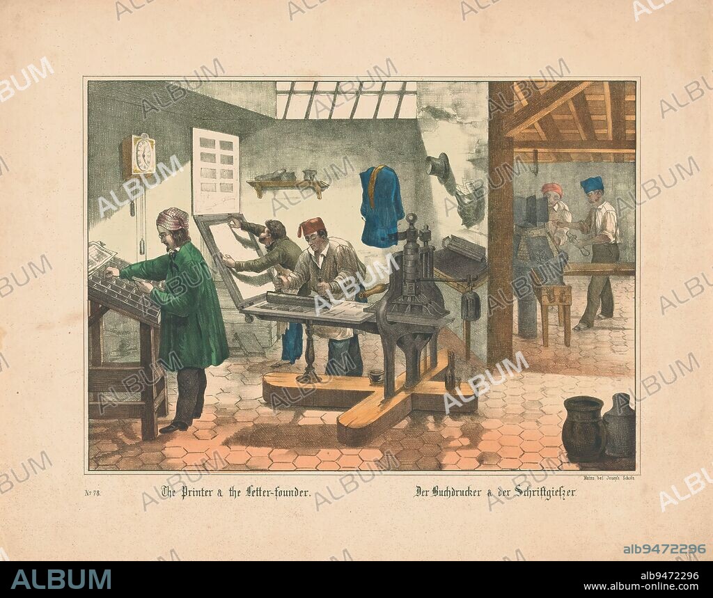 Printing house and type foundry, The Printer & the Lettter-founder / Der Buchdrucker & der Schriftgietzer (title on object), Interior of a book printing house with on the left a man behind a type case and in the center a printer with his helper, busy with inking the typesetting. In the background right two men at work in a type foundry. Numbered bottom left: No. 78., print maker: anonymous, publisher: firma Joseph Scholz, (mentioned on object), Mainz, 1829 - 1880, paper, height 332 mm × width 415 mm.