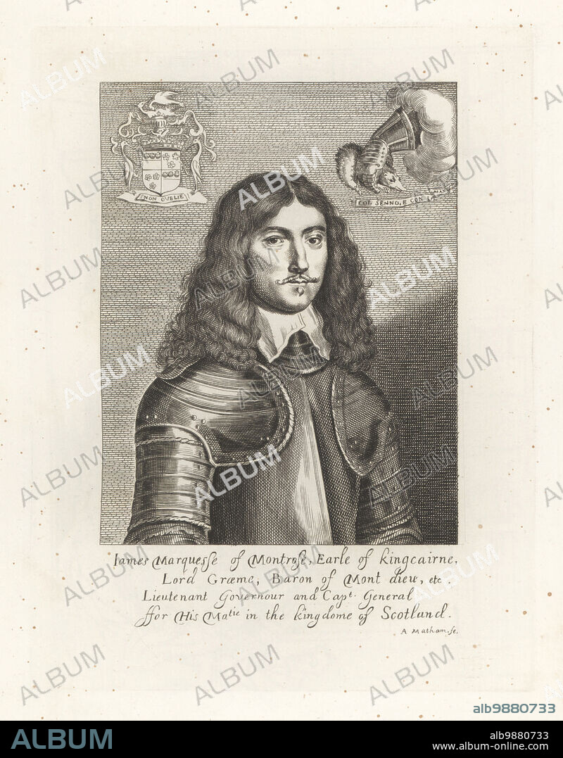 James Graham, 1st Marquess of Montrose, Scottish poet and soldier, 1612-1650. The Great Montrose, Earl of Kingcairne, Lt. Governour and Captain General in the Kingdom of Scotland. With long hair, collar, suit of armour, coat of arms and crest with gauntlet and hedgehog. From the rare print by Adriaen Jacobz Matham. Copperplate engraving from Samuel Woodburns Gallery of Rare Portraits Consisting of Original Plates, George Jones, 102 St Martins Lane, London, 1816.