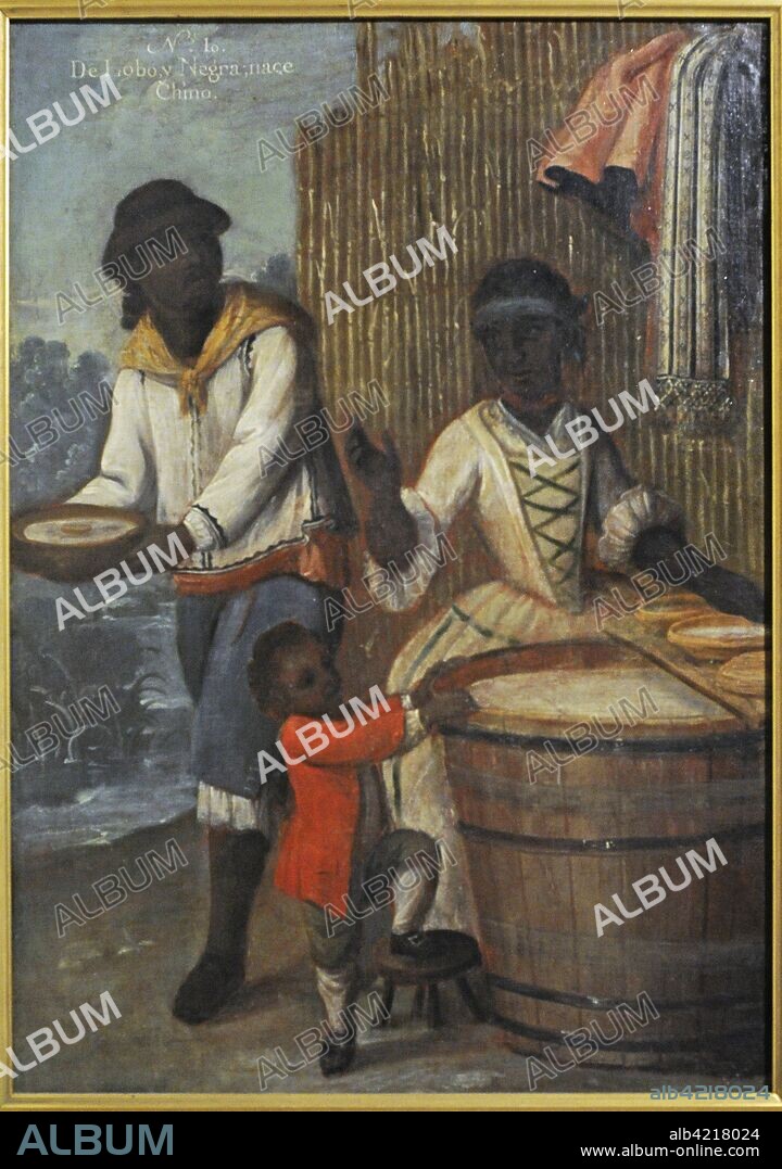 Andres de Islas (painter active during the second half of the 18th century). Castas, No. 10. De lobo y negra, nace chino (From Wolf and Black, a Chino is Born), 1774. Oil on canvas (75 x 54 cm). Viceroyalty of New Spain. Mexico. Museum of the Americas. Madrid, Spain.