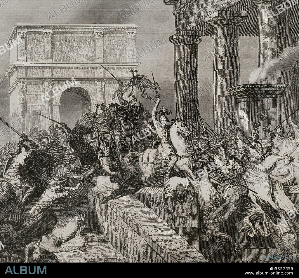Imperio Romano. Saqueo de la ciudad de Roma por las tropas del jefe visigodo Alarico I en el año 410, durante el reinado del Emperador Honorio. La hermana de éste, Gala Placidia, fue hecha prisionera y llevada cautiva. Grabado. Las Glorias Nacionales. Tomo II. Edición Madrid-Barcelona, 1853.