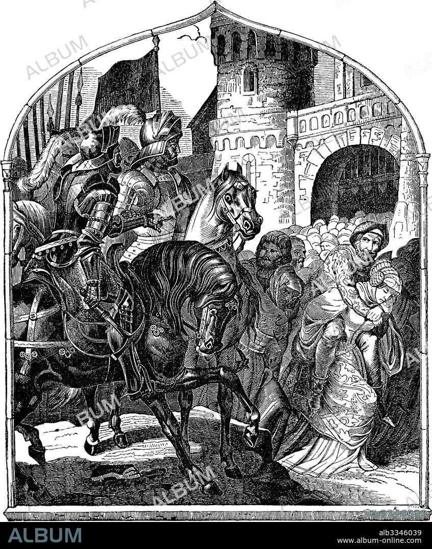 JOHANN JAKOB KIRCHHOFF. The siege of Weinsberg's castle and the loyal women, 1140 (Illustration from the "Geschichte des deutschen Volkes" by E. Duller).