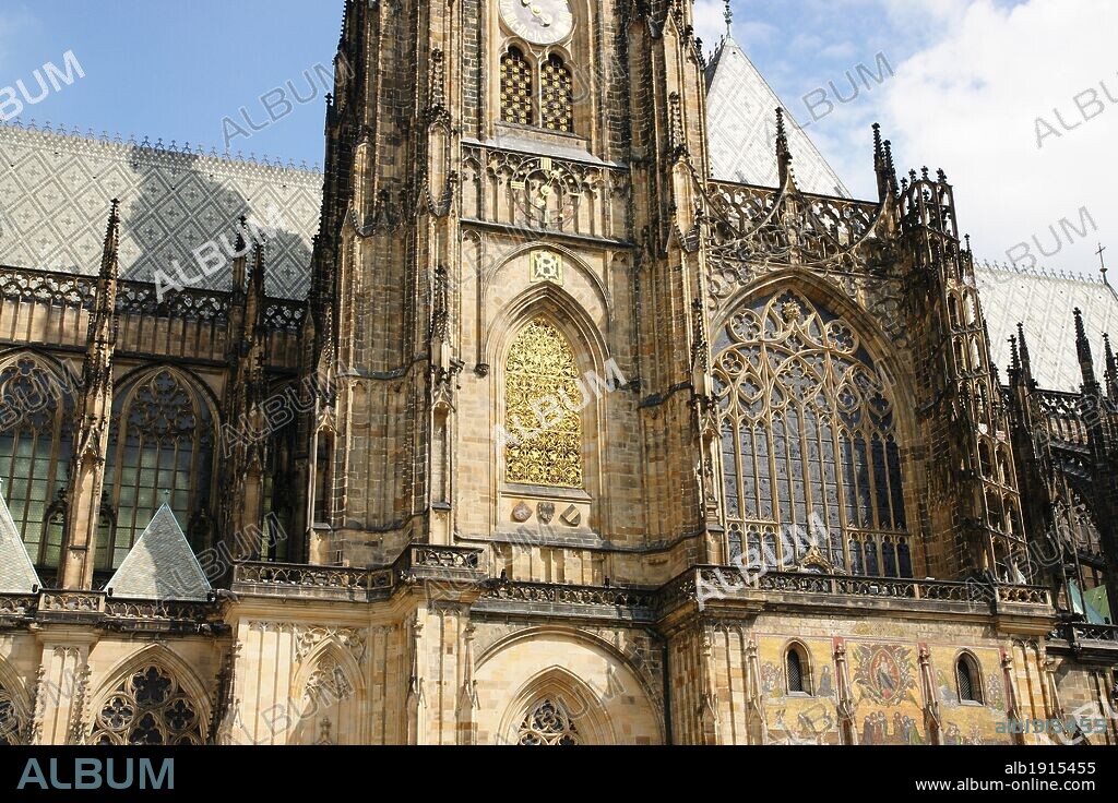 Czech Republic. Prague. St. Vitus Cathedral. Gothic style, 14th century. Main Tower, built by Peter Parler (1333-1399). Architectural detail of the window. Castle complex. Hradcany district.