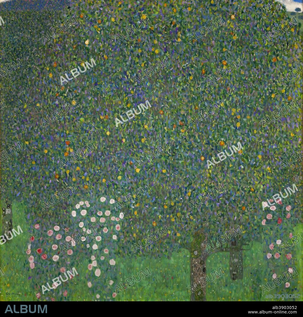 GUSTAV KLIMT. Rosiers sous les arbres Rosebushes under the Trees. Date/Period: Ca. 1905. Painting. Oil on canvas. Height: 1,100 mm (43.30 in); Width: 1,100 mm (43.30 in).