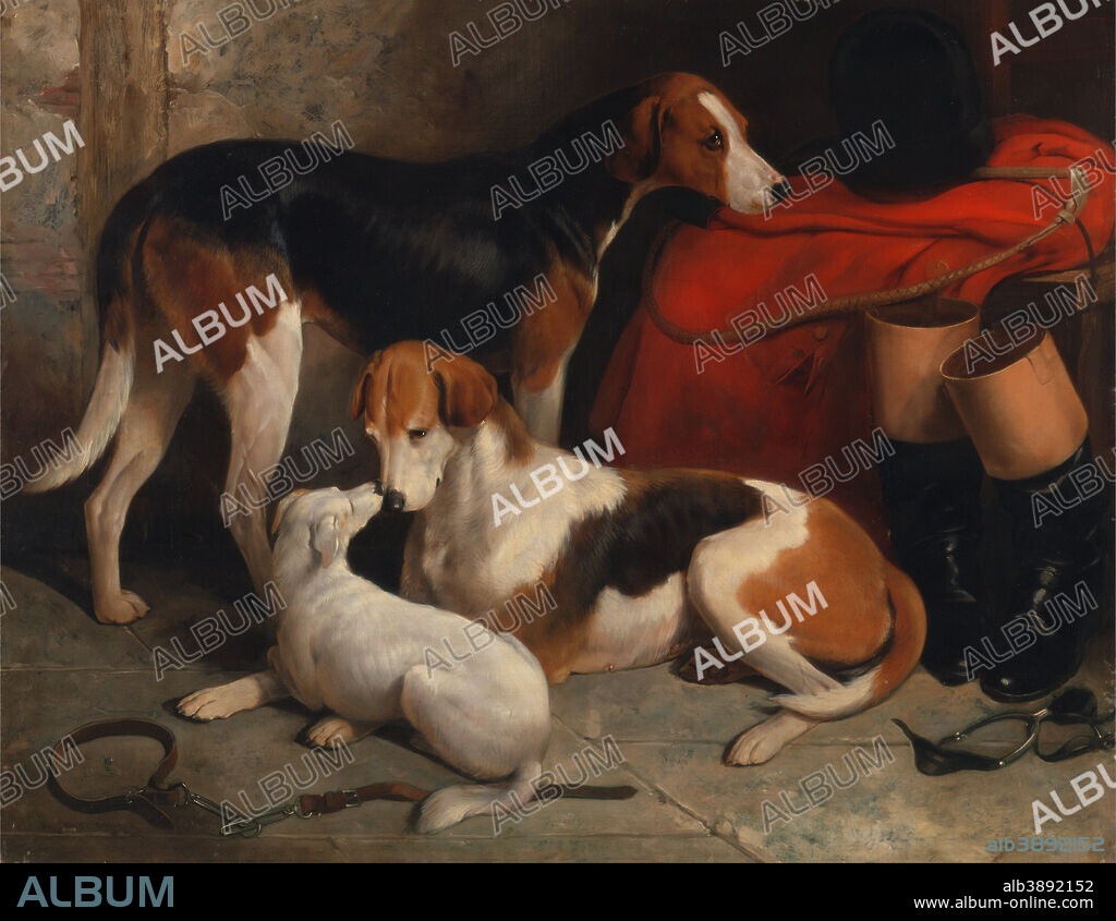 WILLIAM BARRAUD. A Couple of Foxhounds with a Terrier, the property of Lord Henry Bentinck. Date/Period: Ca. 1845. Painting. Oil on canvas. Height: 1,118 mm (44.01 in); Width: 1,422 mm (55.98 in).