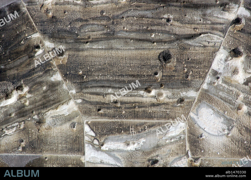 Bullet holes in the facade of the German Parliament (Reichstag). Second World War. Detail. Berlin. Germany.