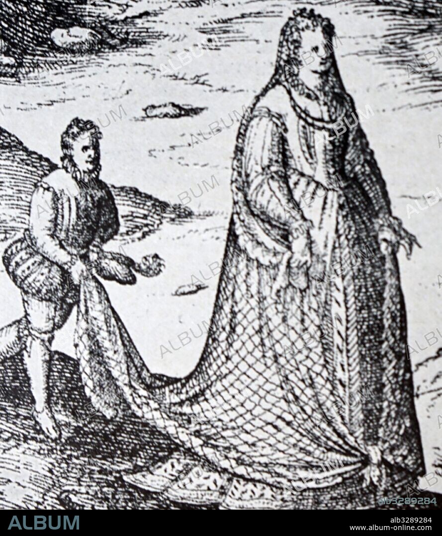 Engraving of Anna of Austria, Queen of Spain (1549-1580) wife of King Philip II of Spain. Dated 16th Century.