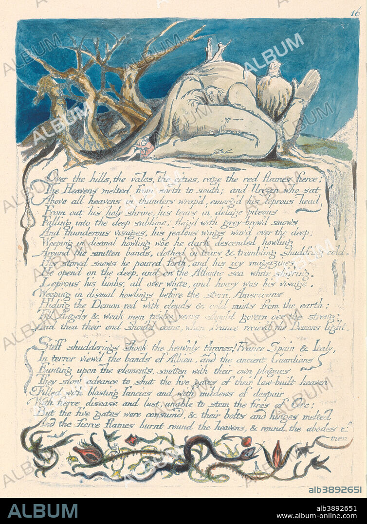 WILLIAM BLAKE. America. A Prophecy, Plate 18, "Over the Hills....". Date/Period: 1793. Print. Blue print, pen, black ink and watercolor on cream-colored paper (Relief etching printed in blue with pen and black ink and watercolor on moderately thick, slightly textured, cream wove paper). Height: 241 mm (9.48 in); Width: 171 mm (6.73 in).