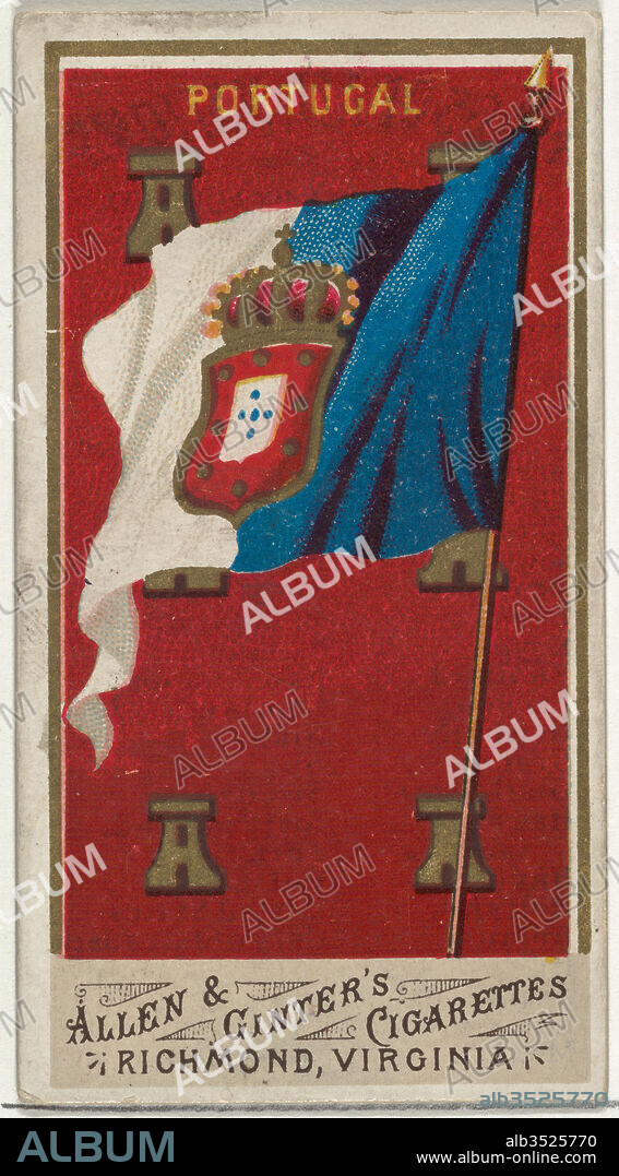 Portugal, from Flags of All Nations, Series 1 (N9) for Allen & Ginter Cigarettes Brands, 1887, Commercial color lithograph, Sheet: 2 3/4 x 1 1/2 in. (7 x 3.8 cm), Trade cards from the set, 'Flags of All Nations,' Series 1 (N9), issued in 1887 in a series of 48 cards to promote Allen & Ginter Brand Cigarettes.