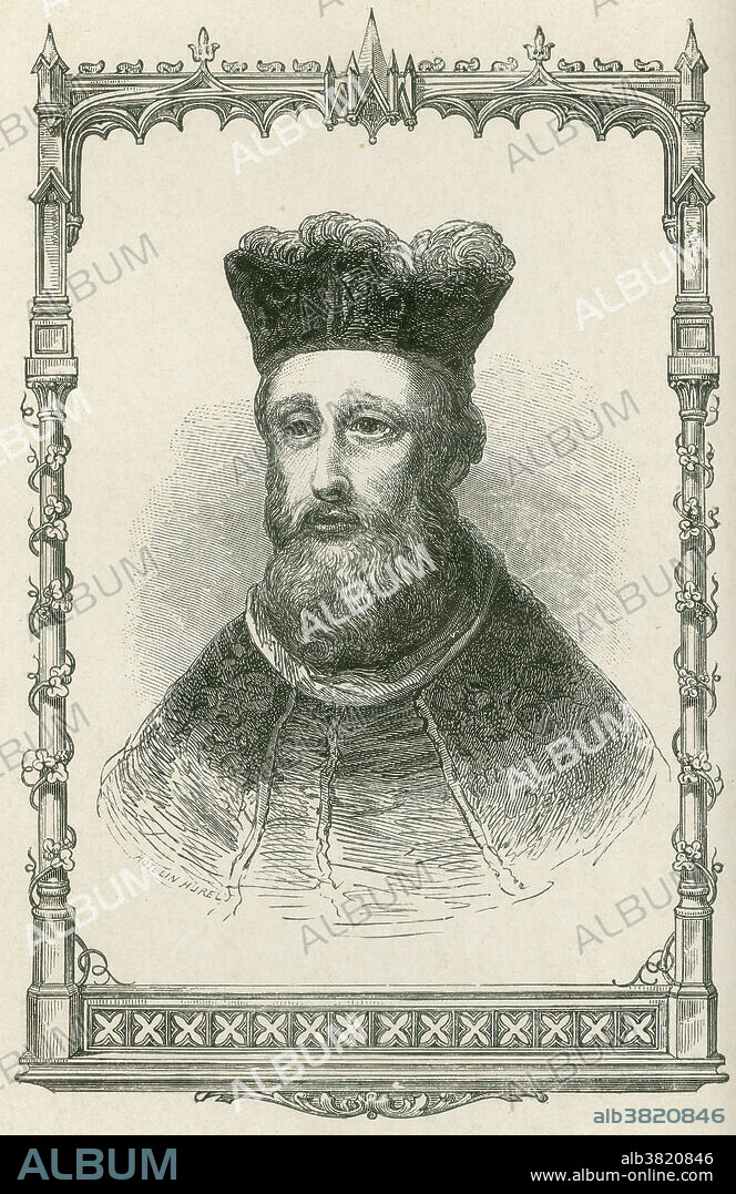 Guy de Chauliac (1300-1368), French physician and surgeon. In 1342 he was invited to the Papal Court in Avignon, France, to serve as a personal physician to Pope Clement VI. When the Black Death arrived in Avignon in 1348, physicians fled the city, but Chauliac stayed on, treating plague patients and documenting symptoms meticulously. Through his observations, he distinguished between the two forms of the disease, the Bubonic Plague and the Pneumonic Plague. He went on to become personal physician to Pope Innocent VI, and then to Pope Urban V. His seminal work on surgery, Chirurgia magna, was finished in 1363. In seven volumes, the treatise covers anatomy, bloodletting, cauterization, drugs, anesthetics, wounds, fractures, ulcers, special diseases, and antidotes. He describes surgical techniques such as intubation, tracheotomy, and suturing. Illustration from Vies Des Savants Illustrates, Savants Du Moyen-Age by Louis Figuier, 1883.
