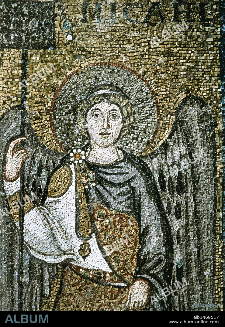 ARTE BIZANTINO. ITALIA. EL ARCANGEL SAN MIGUEL. Mosaico de la iglesia de San Apollinare in Classe, datado entre los siglos VI-VII. Rávena.