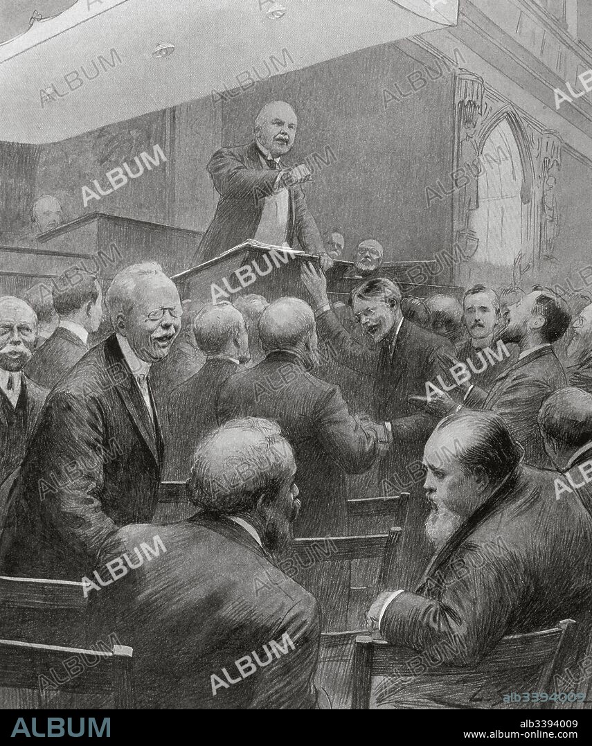 Henry Campbell-Bannerman (Glasgow, 1836-Londres, 1908). Estadista británico liberal. Primer Ministro del 5 de diciembre de 1905 al 3 de abril de 1908. Discurso de Sir Henry Campbell en Westminster. "L'Illustration", 1906. Grabado.