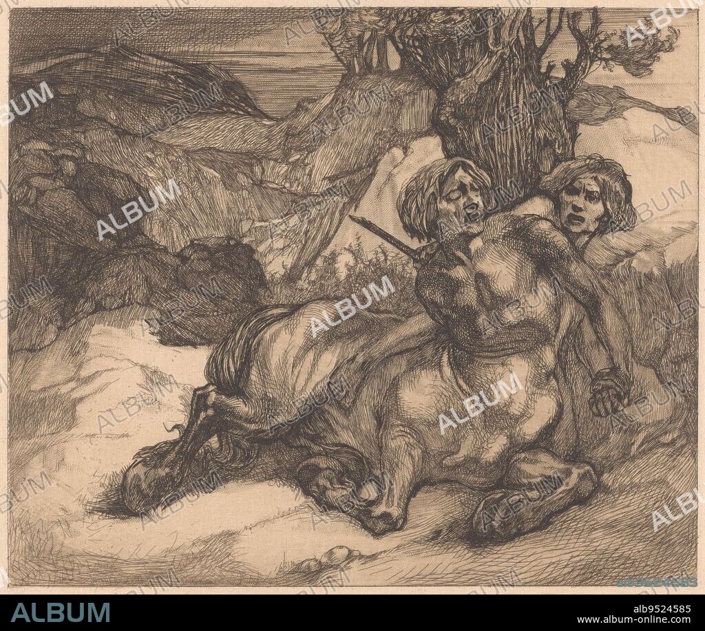 A centaur, a creature from Greek mythology with the head and torso of a human being and the body of a horse, has sunk through his hooves. He grabs the person on his back, holding a stick with a sharp point. Behind them a rocky landscape covered with trees here and there, injured centaur., print maker: Johannes Josephus Aarts, 1881 - 1934, Japanese paper (handmade paper), etching, h 214 mm × w 246 mm.